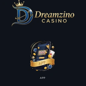 Dreamzino Casino logo with a crown and an app graphic featuring a mobile device, 777 slot, and cards.