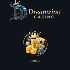 Dreamzino Casino logo with a crown and a bonus graphic featuring dice, cards, coins, and slot machine symbols.