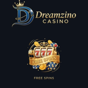 Dreamzino Casino logo with a crown and a 'Free Spins' graphic featuring a 777 slot machine, dice, chips, and a golden ribbon.