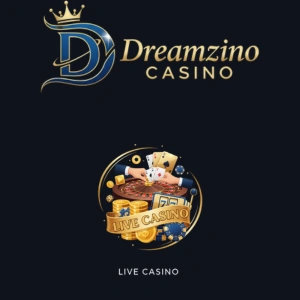 Dreamzino Casino logo with a crown and a 'Live Casino' graphic featuring playing cards, chips, and a roulette table.