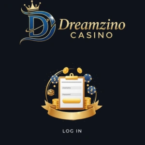 Dreamzino Casino logo with a crown and a 'Log In' graphic featuring a login form with username and password fields, surrounded by coins and dice.