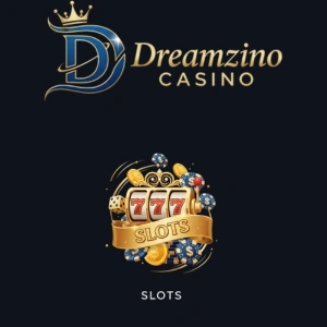 Dreamzino Casino logo with a crown and a 'Slots' graphic featuring a 777 slot machine, dice, chips, and a golden ribbon.
